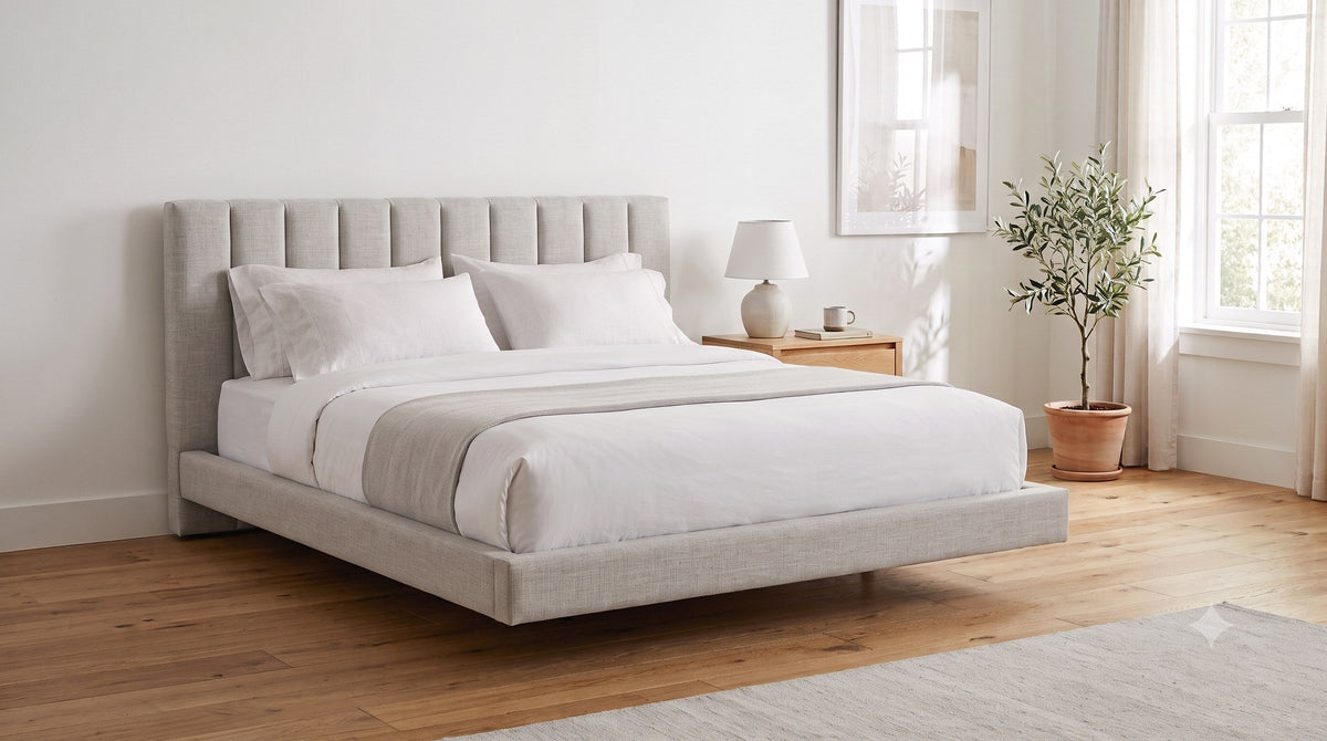 The Fitzrovia platform bed in Grey Linen Weave