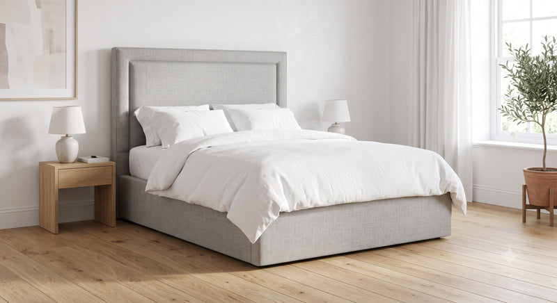 The Camden ottoman storage bed in Grey Linen Weave