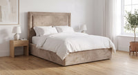 The Camden ottoman storage bed in Mink Chenille