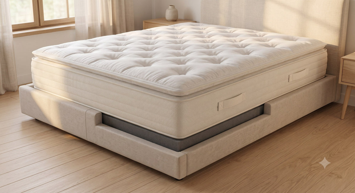 The Cloud plush pillow-top mattress on an oatmeal upholstered bed frame