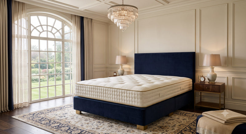 The Hybrid flagship hand-tufted mattress on a navy divan base