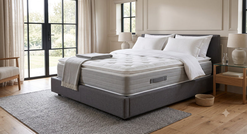 The Original mattress on a grey upholstered bed frame